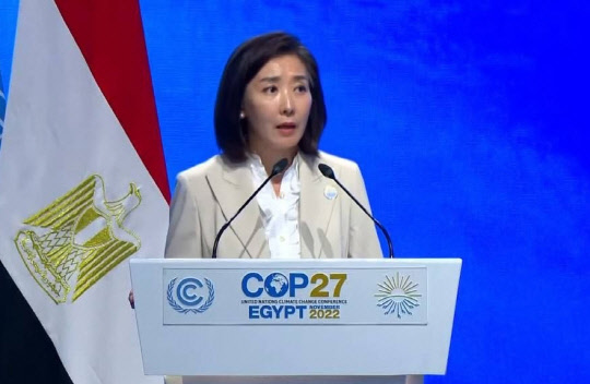 나경원 국민의힘 전 의원이 지난 2022년 11월 7~8일(현지시간)이집트 샤름 엘 셰이크에서 열린 제27차 유엔기후변화협약 당사국총회 정상회의(COP27)에 외교부 기후환경대사 겸 윤석열 대통령의 특사 자격으로 참석한 가운데 영어로 정상회의 특별연설을 하고 있다.<나경원 전 국회의원 페이스북 사진>